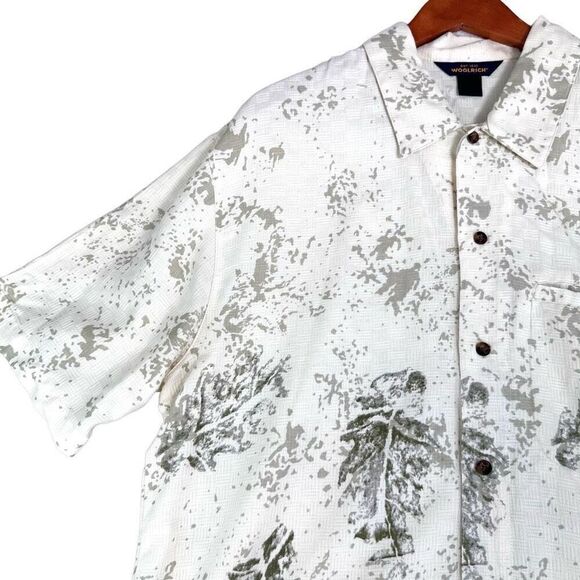 WOOLRICH Shirt Mens XXL White Gray Leaf Splatter Dye S/S‎ Hawaiian Button Up - Picture 1 of 8